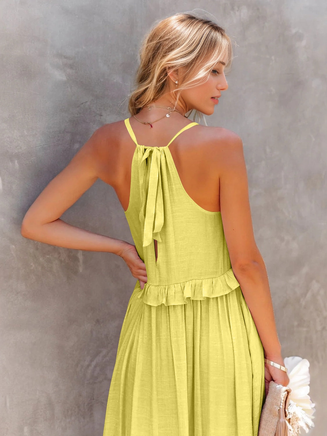 Ruffled Sleeveless Tiered Maxi Dress with Pockets - store name